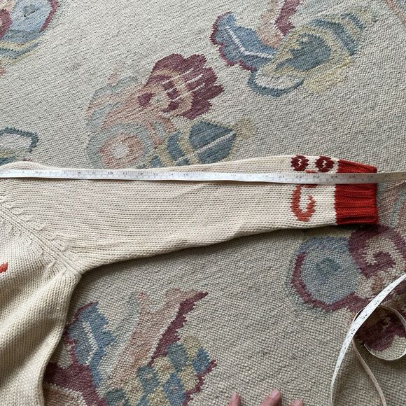 Vintage Red White 100% Wool Sweater Zip Back 70s Large - Picture 7 of 7